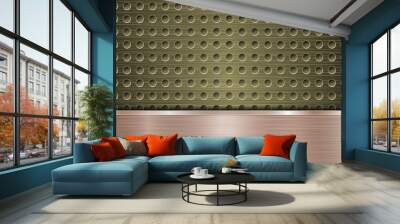 Background of golden perforated metallic surface with holes and horizontal bronze polished plate with a metal texture, glares and shiny edges Wall mural