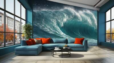 Banner with giant ocean surf wave at night. Seascape illustration with night stormy sea, turquoise water with white foam and splashes, starry sky. Generative AI Wall mural