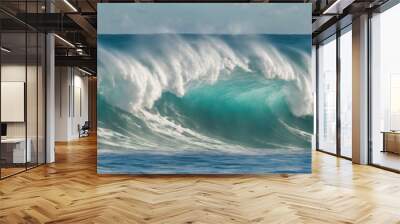 Banner with giant ocean surf wave on a sunny day. Seascape illustration with stormy sea, turquoise water with white foam and splashes, blue sky with clouds. Generative AI Wall mural