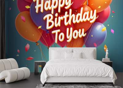 Birthday card. Vibrant bouquet of colorful balloons, including red, yellow, and blue ones, tied to a large gift box with a ribbon on top. Wall mural