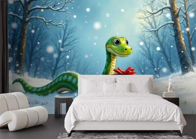 Cartoon snake sitting on the snow with a gift box in front of it, surrounded by trees and snowflakes falling from the sky. Wall mural