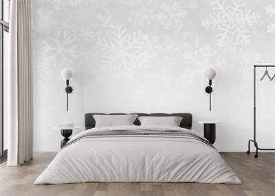 Christmas illustration of many layers of snowflakes of different shapes, sizes and transparency. On gradient background from gray to white. Wall mural