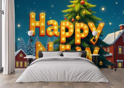 Colorful illustration of a Christmas tree with the words Happy New Year written on it, set against a festive night sky background. Wall mural