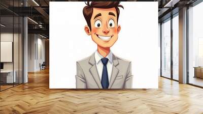 Digital illustration of a young man with brown hair and a surprised expression, wearing a suit and tie, set against a plain white background. Wall mural