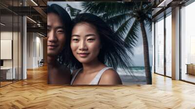 Happy smiling man and woman on the sea beach against the backdrop of ocean waves. Young beautiful couple of asian people in love. Generative AI Wall mural