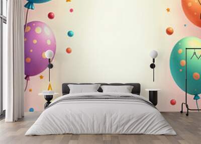 Holiday card. Festive scene with a birthday cake, balloons, and presents on a pink background. Wall mural