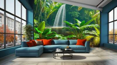 Jungle on a sunny day. Beautiful tropical rainforest illustration with exotic plants, palms, big leaves and flowing water. Bright sunbeams. Background with pristine nature landscape. Generative AI Wall mural