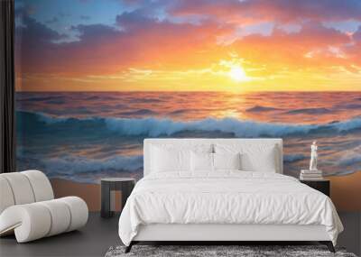 Panorama of a sunset over the ocean with waves crashing on the shore and a lone rock in the water. Seascape illustration with sand beach, cloudy sky and setting sun. Generative AI Wall mural