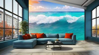 Panorama of ocean beach on a sunny day with waves crashing on the shore. Seascape illustration with turquoise water, sun and sky with white clouds. Generative AI Wall mural