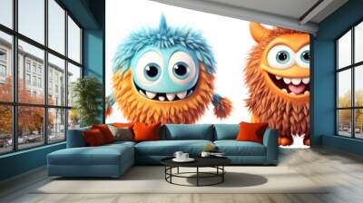 Set of funny shaggy furry cheerful monsters with big eyes and smiling mouths with big white teeth, isolated on transparent background. Children's cartoon characters or cute soft toys. Generative AI Wall mural