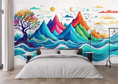 Spectacular illustration of a colorful tree and mountains amidst ocean waves, creating a stunning visual harmony, isolated on a white background Wall mural