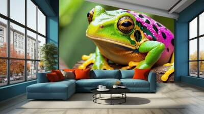 Tropical frog in jungle on a sunny day. Rainforest illustration with bright colorful amphibian among exotic plants with big leaves. Background with pristine nature landscape. Generative AI Wall mural