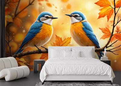 Two blue and orange birds perched on a branch with autumn leaves in the background. Wall mural