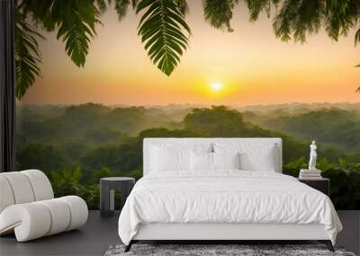 Wallpaper with a tropical landscape at sunset. Jungle with mountains, palms, trees and other wild plants. Sky with clouds and setting sun. Rainforest illustration. Pristine nature. Generative AI Wall mural