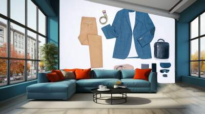 Square flat set of men's business casual clothing, such as jacket or shirt, troeswrs, socks and sneakers Wall mural