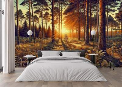 Sunset in the forest autumn trees fall nature tree landscape leaves woods leaf park yellow path season. Sunset in the forest foliage sun wood light outdoors beech fog sunlight colorful orange. Wall mural