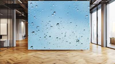 Water drops of rain on blue glass background Wall mural