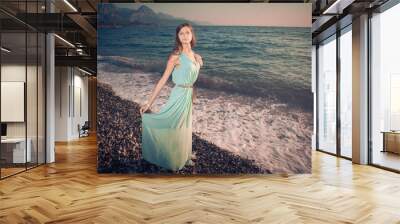 young beautiful girl in dress walks by the sea. Wall mural