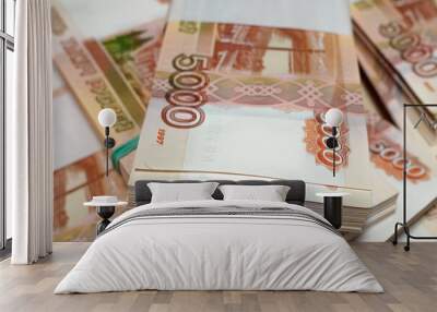 Five thousand banknotes of bank of Russia close-up, business concept. Selective focus, blur. Wall mural