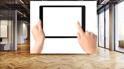 Girl holding modern tablet in hand with blank screen isolated on white background with space for your text Wall mural