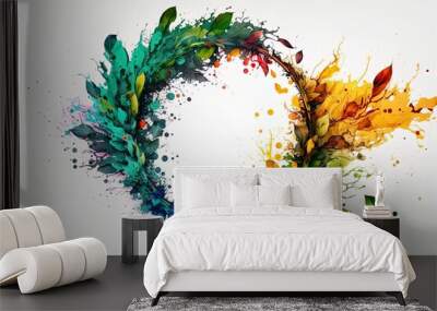 Abstract circle liquid motion flow explosion with green leaves. Curved wave colorful pattern with paint drops on white background Wall mural