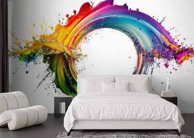 Abstract circle liquid motion flow explosion. Curved wave colorful pattern with paint drops on white background Wall mural