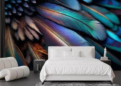 Abstract colorful bright feather closeup up macro view background. Plumage texture Wall mural