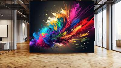 Abstract colorful bright vivid colors liquid acrylic paint motion flow on black background with swirls and paint explosions and drops. Business background template Wall mural