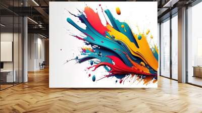 Abstract colorful bright vivid colors liquid acrylic paint motion flow on white background with swirls and paint explosions and drops. Business background template Wall mural