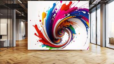 Abstract colorful bright vivid colors liquid acrylic paint motion flow on white background with swirls and paint explosions and drops. Business background template Wall mural