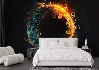 Abstract fire and water fiery circle on a black background. Ice and fire circling frame on black Wall mural