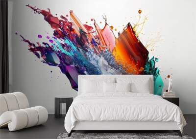 Abstract prism crystal with colorful paint explosions drops and flow motions on white background. Wall mural