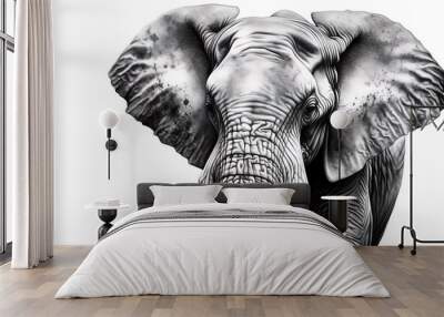 black and white graphic illustration of elephant Wall mural