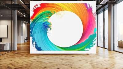 Colorful cartoon wave with empty white circle frame with space for text. Creative liquid ocean waves background Wall mural