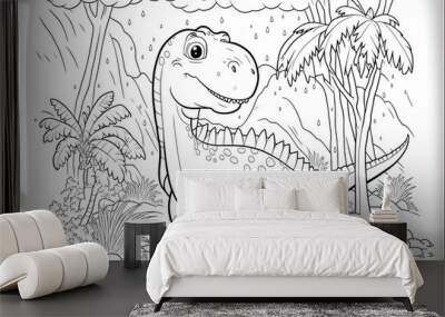 Cute baby dinosaur coloring page template. Cute diplodocus on abstract floral background. Wall mural