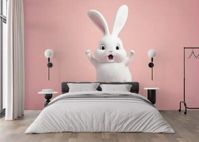 Cute cartoon AI generated happy bunny character jumping on pink background. Adorable rabbit for easter spring holiday design. 3d render illustration Wall mural