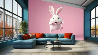 Cute cartoon AI generated happy bunny character jumping on pink background. Adorable rabbit for easter spring holiday design. 3d render illustration Wall mural