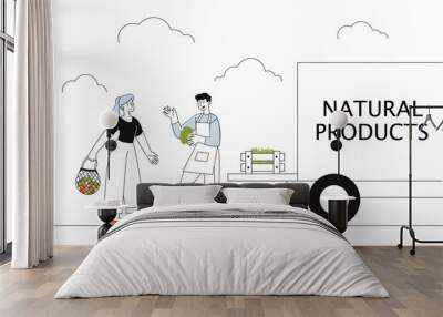 Employee farmers market with natural products line Wall mural