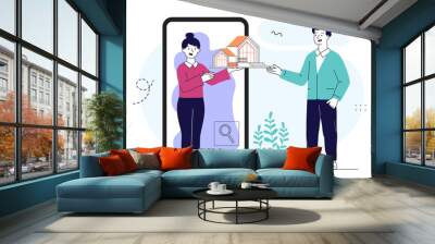 Family search house. Man and woman choose apartment and house. Real estate and private property transactions. Realtor consultation. Linear vector illustration Wall mural