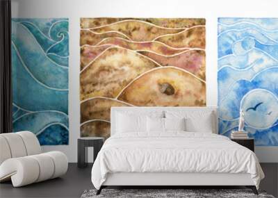 Five natural elements: fire, water, air, earth and metal. Watercolor illustration set. Wall mural