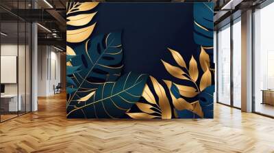 Luxury floral background with golden and blue palm, monstera leaves on dark background with empty space for text. Wall mural