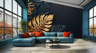 Luxury floral background with golden and blue palm, monstera leaves on dark background with empty space for text. Wall mural