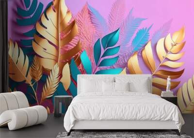 Luxury golden tropical leaves background with detailed realistic florals on trendy vivid colors background. Foil glossy jungle leaves on purple blue backdrop for summer party Wall mural