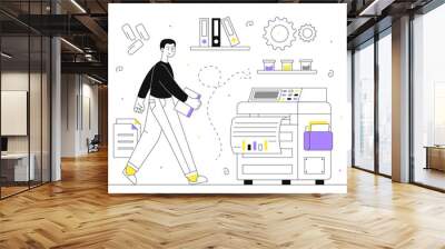 Man with printing machine vector line concept Wall mural