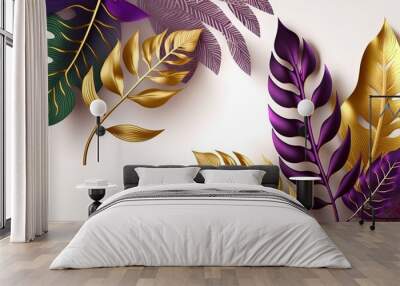 Modern style tropical leaves on white background with empty space. Purple golden jungle florals in digital art style for summer party design. Wall mural