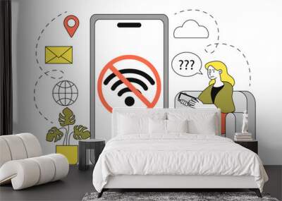 No wifi signal concept. Sad woman sitting near smartphone with poor internet connection. Young girl with wireless connection problems. Linear flat vector illustration Wall mural