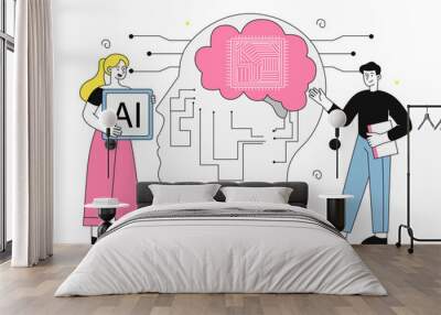 People with artificial intelligence. Man and woman stand near silhouette of head with computer chip. Modern technologies and innovations. Linear vector illustration Wall mural