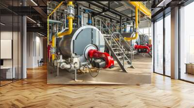 The interior of an industrial boiler room with three large boilers, many pipes, valves and sensors Wall mural