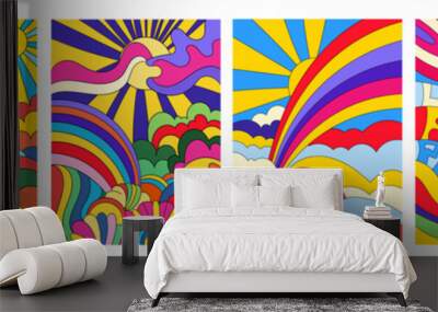 Set of 6 brightly colored psychedelic landscapes Wall mural