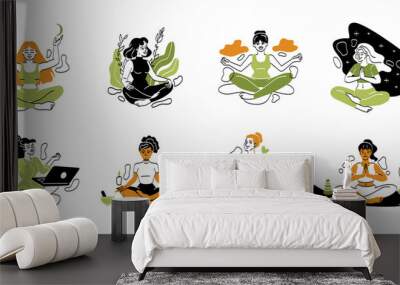 Set of beautiful meditating women Wall mural